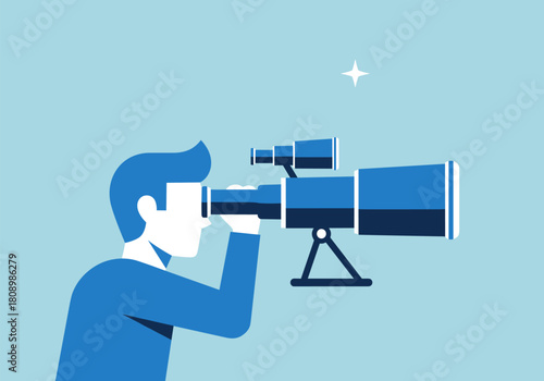 Man using telescope to star gaze in minimalist style