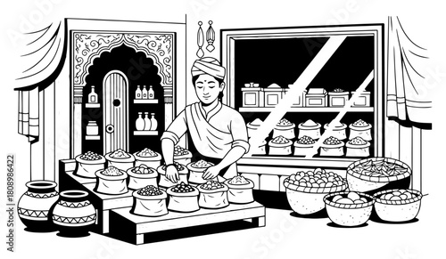 Traditional Spice Market Merchant Selling Grains And Spices In Souk Vector Illustration