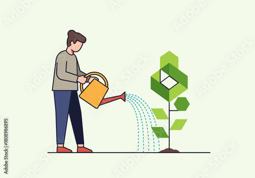 Woman watering geometric plant: sustainability and growth concept in flat design