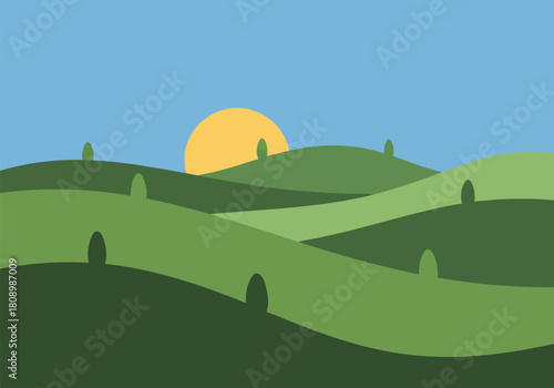 Minimalist landscape with rolling hills and sunrise in flat design