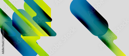 Abstract shapes overlap, creating vibrant gradients. Blue, green, yellow hues dominate neutral background. Modern design elements present.