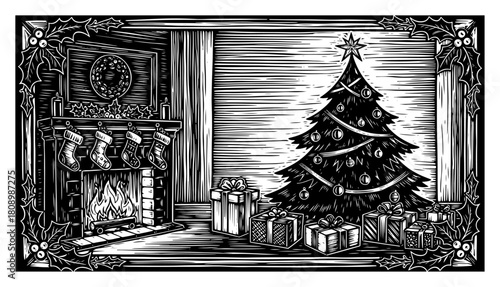 Cozy Christmas Interior Scene with Fireplace Tree and Gifts in Woodcut Engraving Style