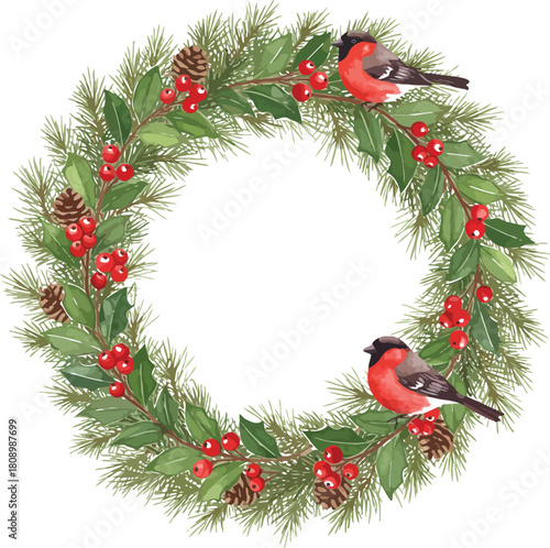 Festive christmas wreath adorned with vibrant red berries pinecones and charming bullfinch birds on a white background
