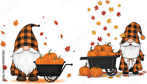 Two adorable autumn gnomes with plaid hats and aprons pushing wheelbarrows full of pumpkins and gourds with falling leaves