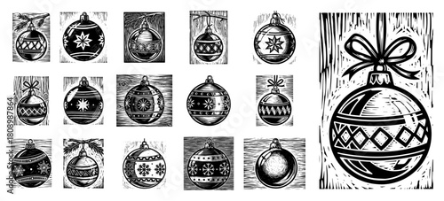 Set Of Vintage Christmas Baubles And Ornaments In Linocut And Woodcut Style