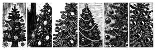 Engraved Christmas Tree Panel Set Vintage Holiday Illustration