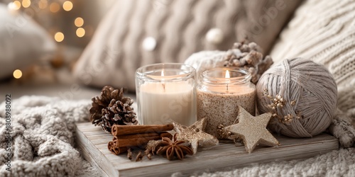 Wooden tray with candles and cinnamon sticks on it