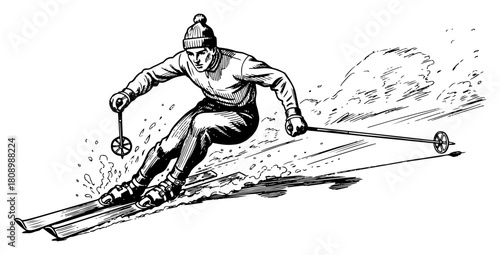 Vintage Skier Racing Downhill Winter Sports Engraving Illustration
