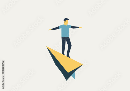 Man balancing on a paper airplane in minimalist style