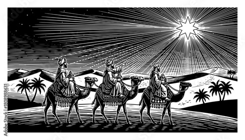 Three Wise Men on Camels Following Star of Bethlehem Vintage Engraving