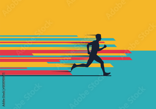 Dynamic silhouette of a male runner with colorful speed lines on a vivid abstract background