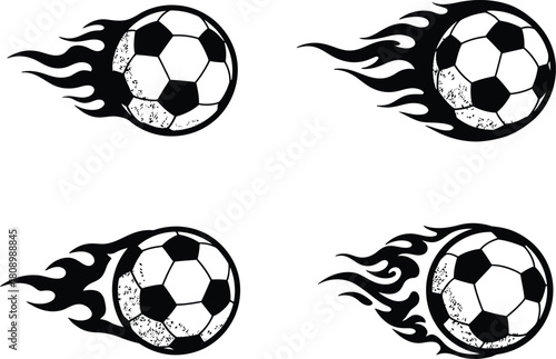Four dynamic black and white illustrations of soccer balls with fiery flames trailing behind them in motion