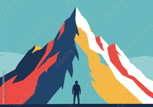 Adventurer facing vibrant mountain peaks in minimalist style