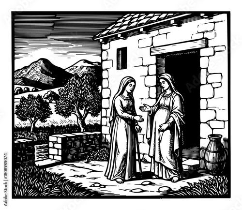Biblical Scene of the Visitation Where Virgin Mary Visits Pregnant Elizabeth in Woodcut Style