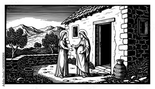Landscape Illustration of the Visitation of Mary and Elizabeth Outside a House in Engraving Style