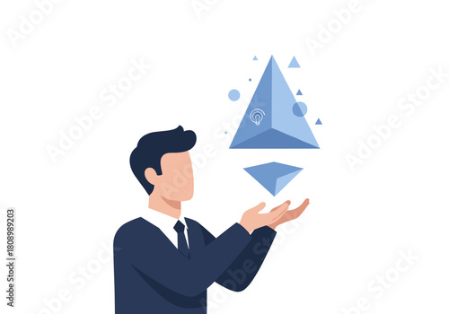 Abstract businessman with floating 3d geometric shapes and idea symbol
