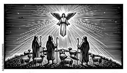 Angel Appearing To Shepherds And Sheep In Field With Rays Of Light In Engraving Style