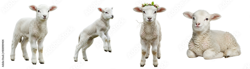 Fototapeta premium Four lambs in various poses against a plain backdrop, one wearing a floral crown on its head on transparent background