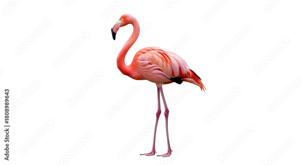 Fototapeta premium Isolated pink flamingo standing tall against a dark background in studio shot