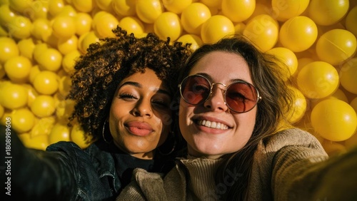 Two friends posing for a selfie in a yellow ball pit, one wearing round sunglasses. Concept Selfie in a bright yellow ball pit, Friends posing with playful energy