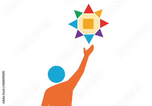 Colorful geometric star held by human hand on white background