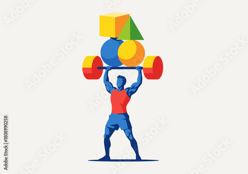 Abstract bodybuilder lifting colorful geometric shapes for strength and creativity