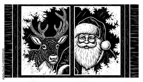 Santa Claus and Reindeer Looking Through Frosty Window Christmas Illustration