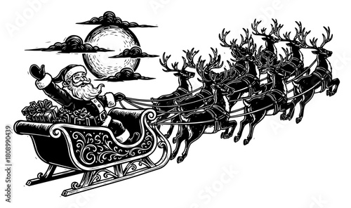 Santa Claus in Sleigh with Reindeer Flying at Night Vintage Illustration