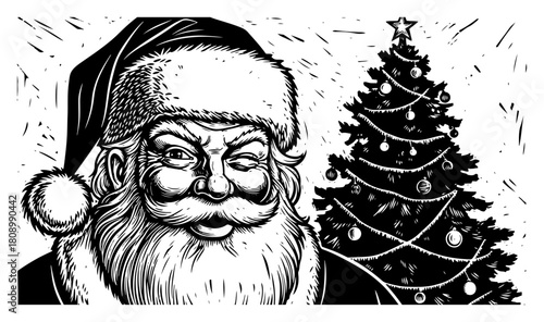 Vintage Santa Claus Portrait with Christmas Tree Illustration