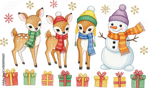 Adorable cartoon deer and a cheerful snowman wearing winter hats and scarves surrounded by colorful snowflakes and gift boxes