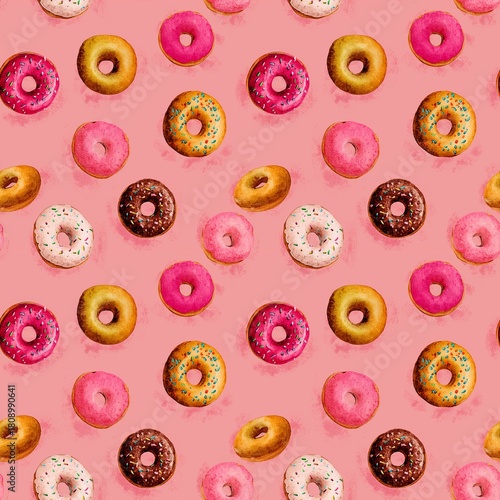 Seamless donut pattern on pink background, bright sweet desserts for textile design of printed products