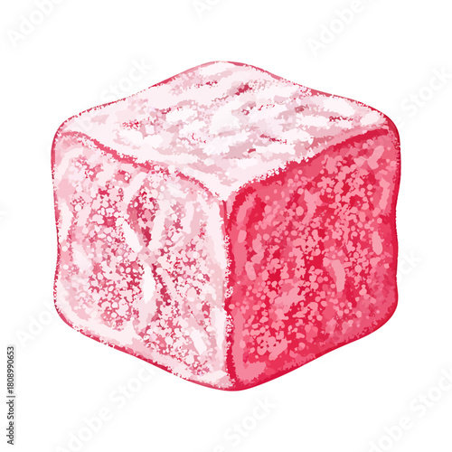 Close up illustration of a single pink turkish delight cube dusted with sugar