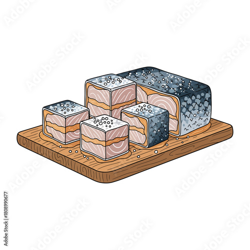 Illustration of raw salmon blocks seasoned with salt on a wooden board