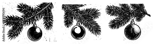 Set of Three Christmas Baubles Hanging on Pine Branches in Vintage Woodcut Style