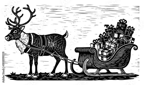 Vintage Engraved Christmas Reindeer Pulling Gift Sleigh Illustration