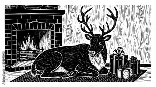 Reindeer Lying Before Fireplace With Gifts In Cozy Room Woodcut Illustration