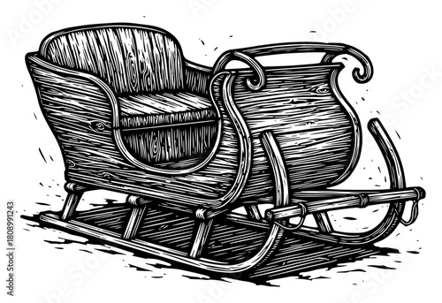 Vintage Wooden Winter Sleigh Hand Drawn Engraving