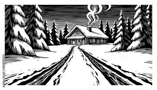 Winter Cabin in Snowy Pine Forest Vintage Woodcut