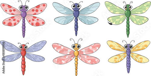 Cartoon dragonflies vector illustration, colorful winged insect characters, playful design, nature clipart, kids content, fun, joy, whimsical bugs, educational theme