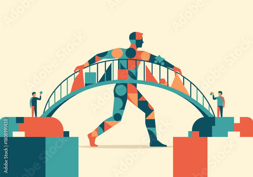 Abstract geometric figure walking over bridge with people taking photos