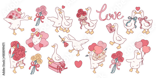 Valentine's Day adorable goose cartoon set, featuring cute ducks holding roses, gifts, and balloons in a pink and red theme.
