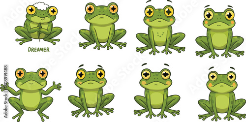 Cartoon frogs vector illustration, expressive amphibian characters, starry eyes, playful poses, kids content, nature clipart, fun, joy, whimsical theme, emotions