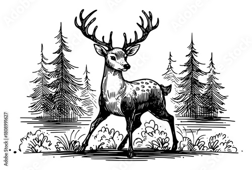 Majestic Stag with Antlers Standing in a Pine Forest in Vintage Engraving Style