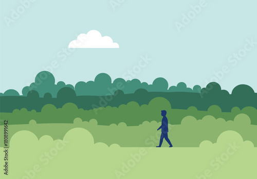 Minimalist nature landscape with silhouette of person walking in lush green scenery