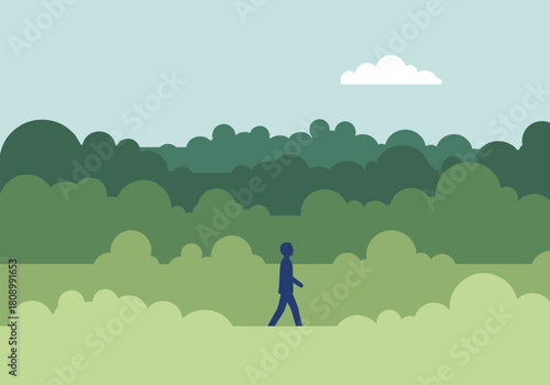Minimalist nature scene with walking figure in lush green landscape