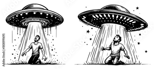 Retro Sci Fi Illustration Of Man Being Abducted By Ufo Flying Saucer With Beam Of Light