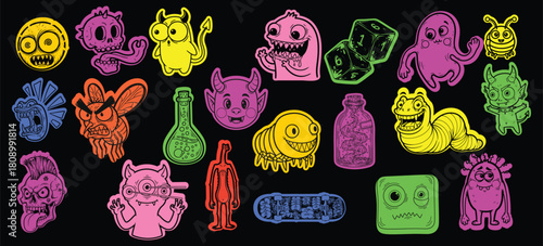 Neon Monster Sticker Pack – Cartoon Creatures, Skulls, Dice, Worms & Fantasy Icons for Merch and Kids' Design
