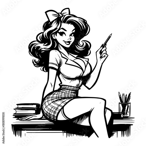 Vintage Pin Up Teacher Sitting on School Desk Vector Illustration