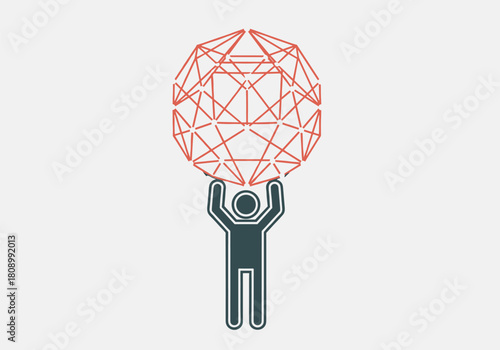 Abstract geometric human figure lifting a red wireframe sphere on white background