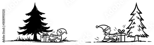 Christmas Elf with Gift Under Tree Outline Vector Illustration